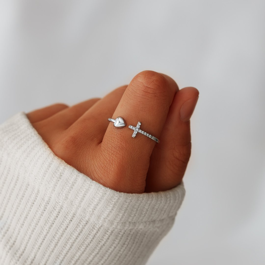 Cubic Zirconia Cross & Heart Ring