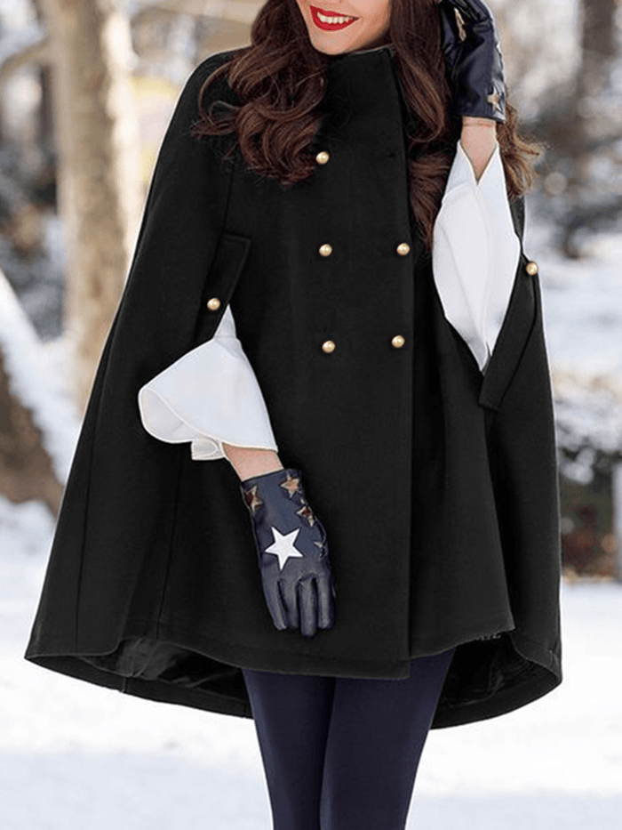 Women Solid Color Pleats Double Breasted Cloak Coats