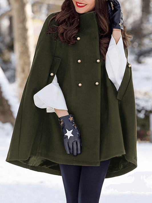 Women Solid Color Pleats Double Breasted Cloak Coats