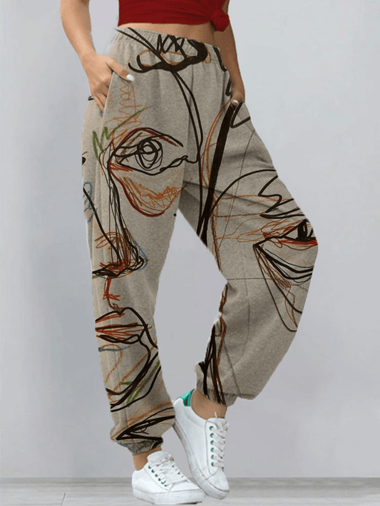 Vintage Abstract Portrait Graffiti Art Print Elastic Waist Jogging Pants